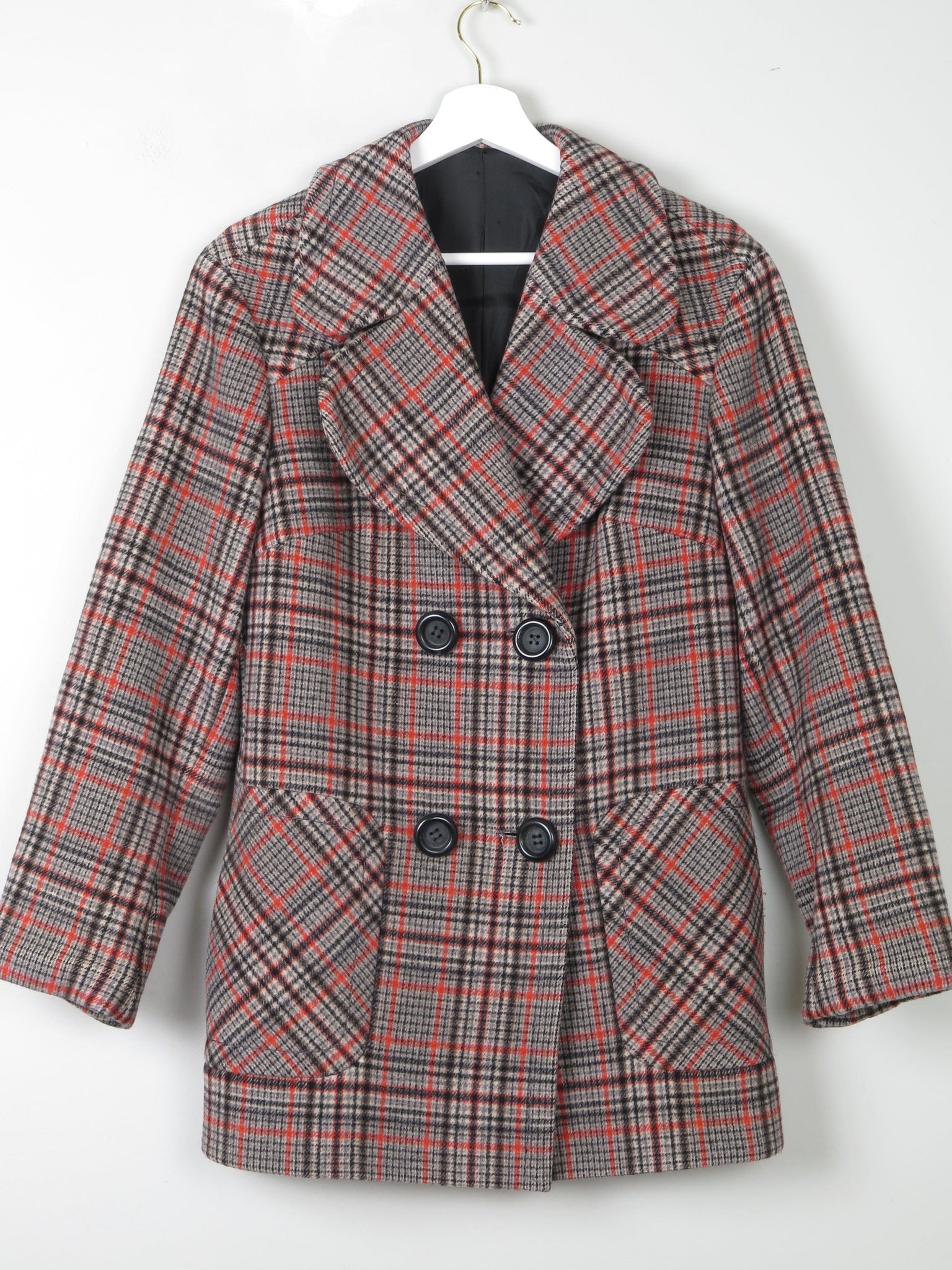 Women's Vintage 1970s Black/Grey/Red Check Short Coat M