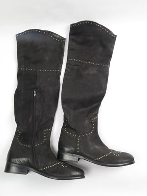 Black Leather Studded Over The Knee Moleskin Boots 41/8 - The Harlequin