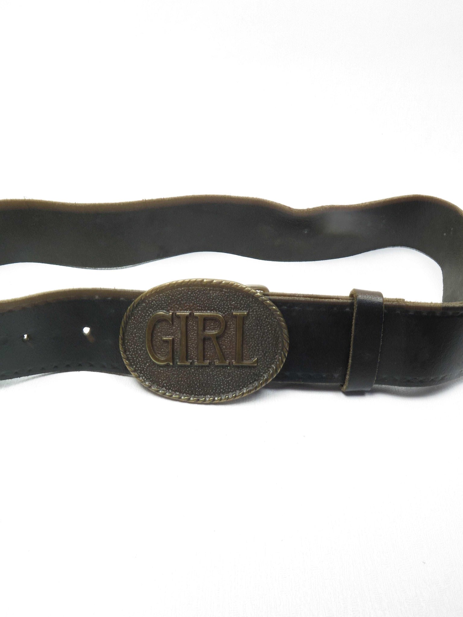 Black Leather Vintage Belt With Girl Buckle XS/S - The Harlequin