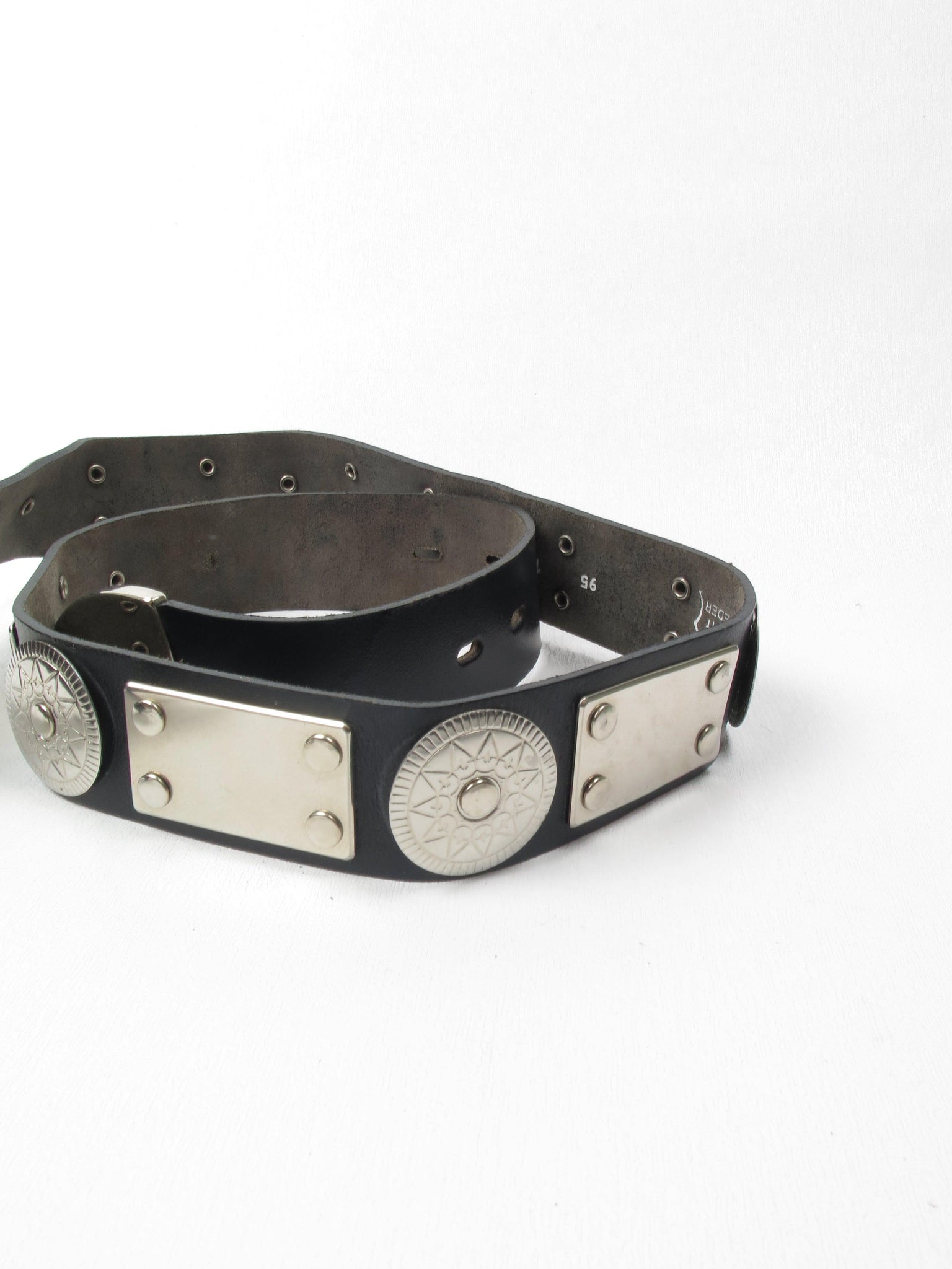 Black Leather Vintage Belt With Silver Metal Pieces M/L - The Harlequin