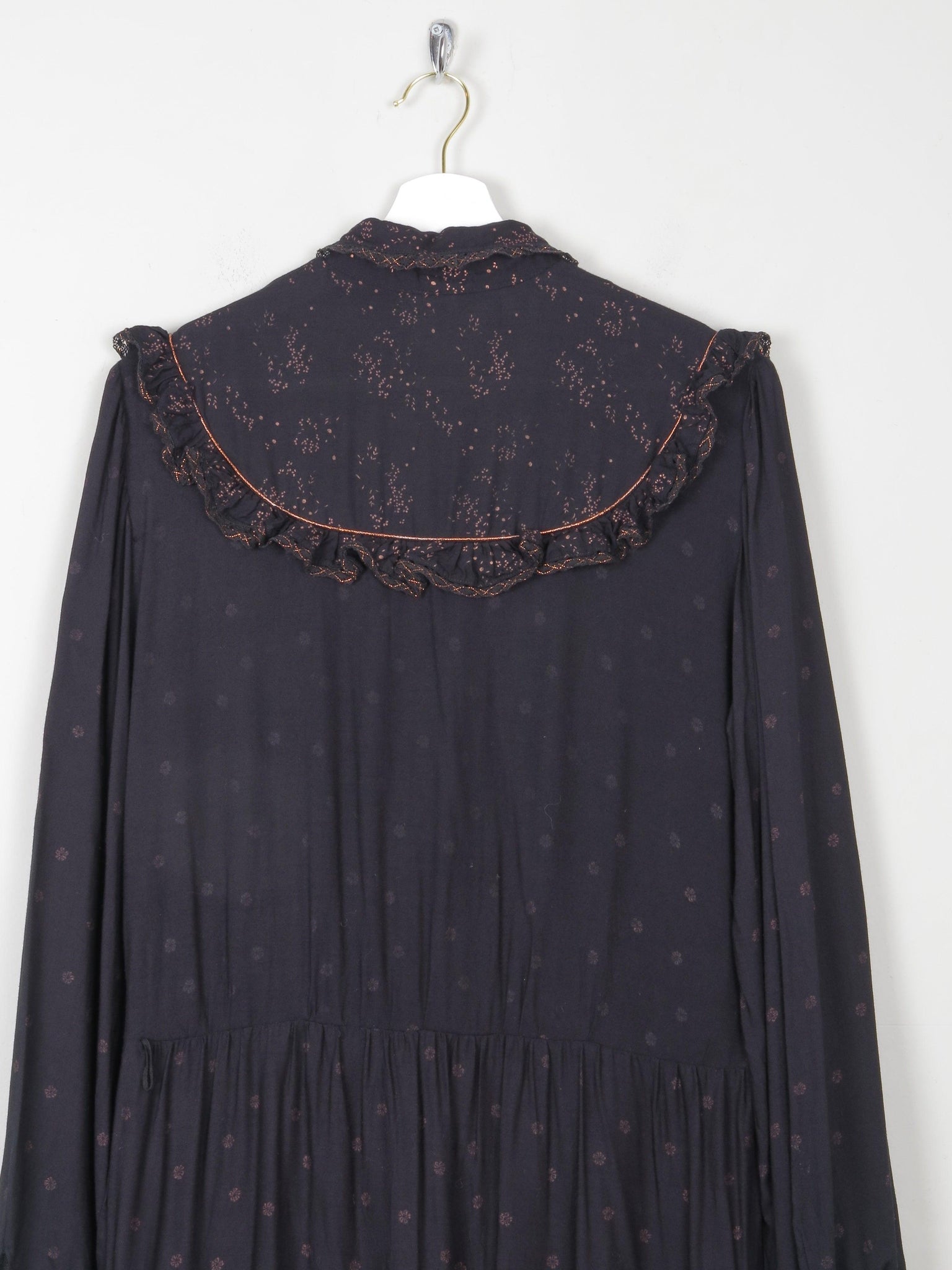 Black & Bronze 1970s Prairie Style Midi Dress L - The Harlequin