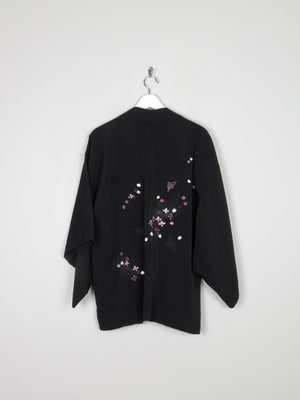Black Wool Vintage Kimono With Floral Pattern S/M - The Harlequin