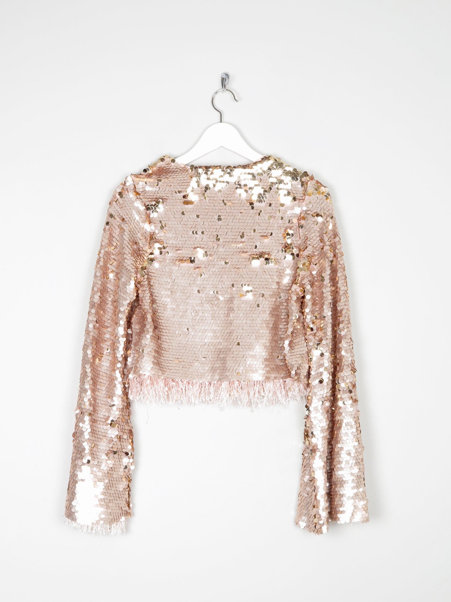 Gold Sequin Cropped V-neck Top With Bell Sleeves & Tassels 10 - The Harlequin