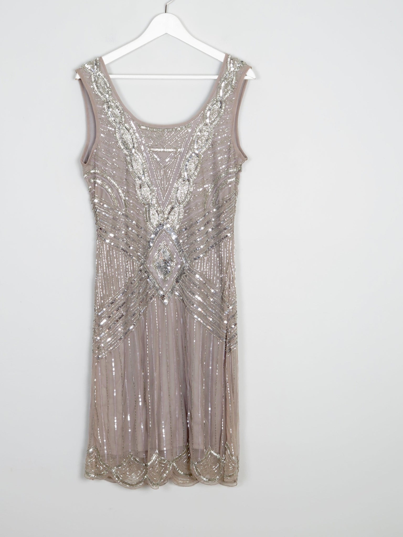 Grey/Taupe Beaded Flapper Dress With Silver Beaded & Sequin 14 - The Harlequin