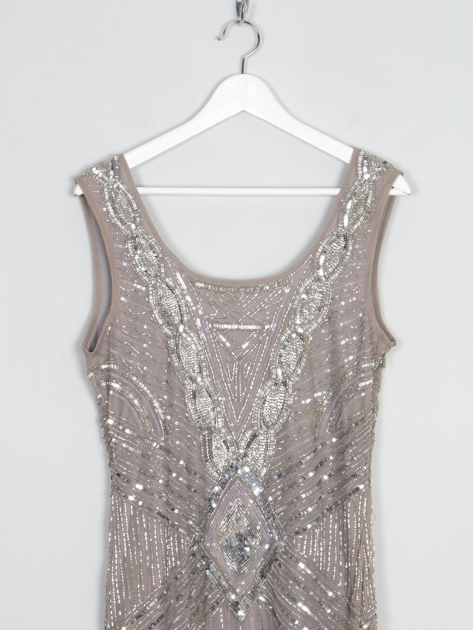 Grey/Taupe Beaded Flapper Dress With Silver Beaded & Sequin 14 - The Harlequin