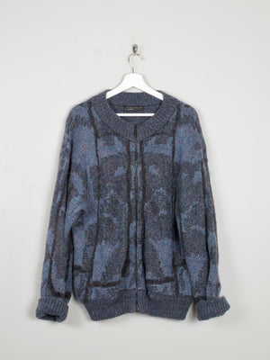 Men's Blue Wool Zip Vintage Cardigan Marc Bellini With Pattern M Oversized - The Harlequin