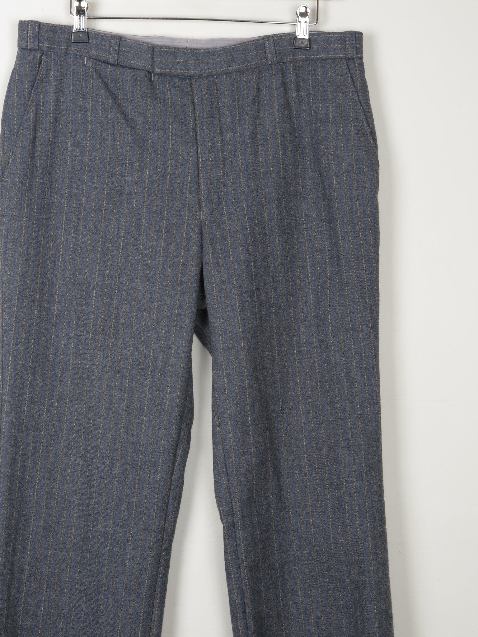 Men's Grey/Blue Striped Wool 1970s Trousers 34"W 32L" - The Harlequin