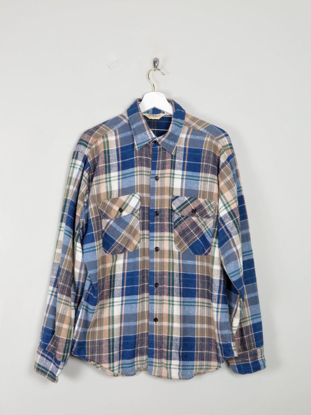 Men's Cream /Blue/Brown/Brown Heavy Quality Vintage Flannel Shirt L - The Harlequin