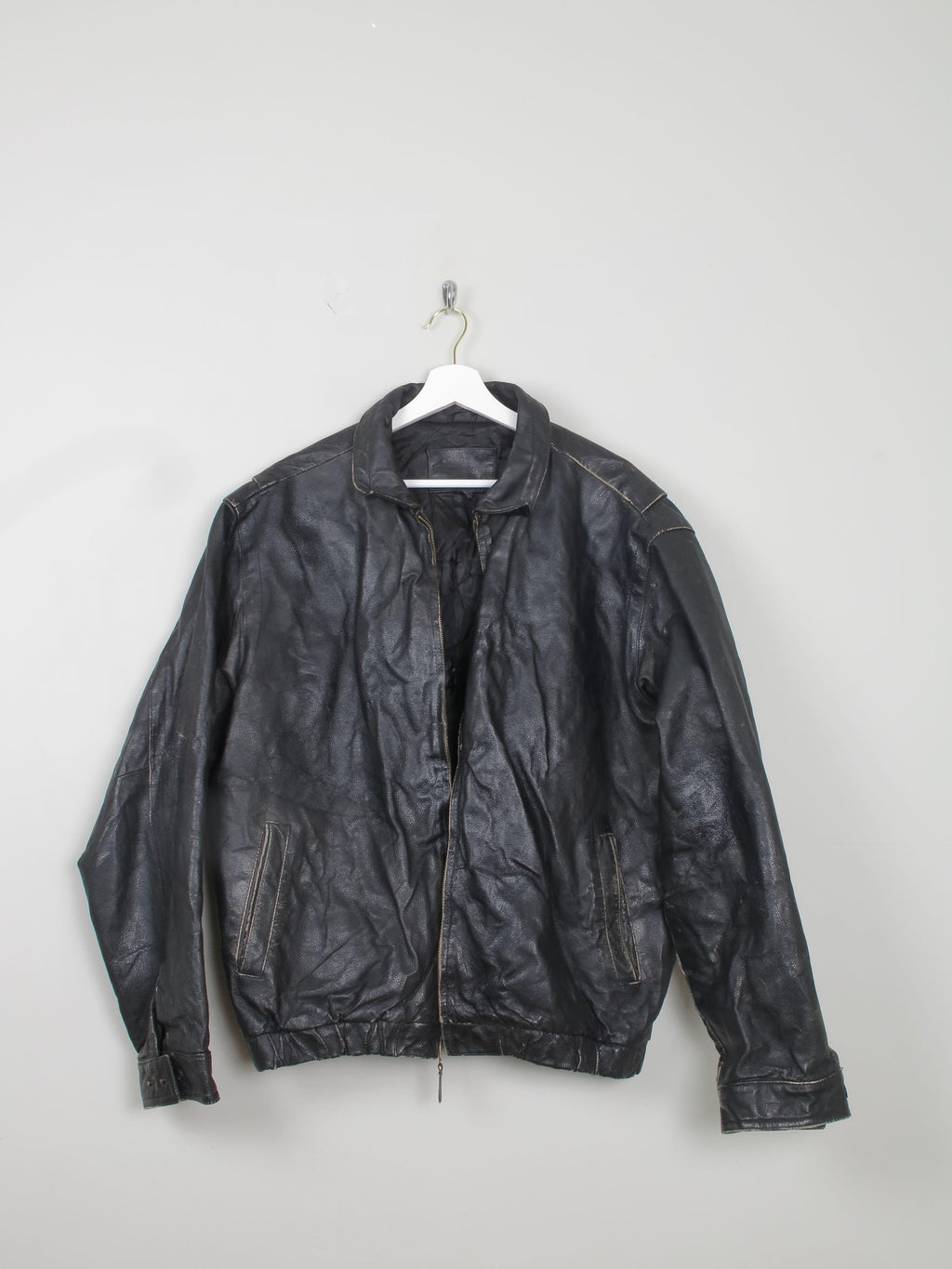 Men's Vintage Black Leather Bomber Jacket Distressed M/L - The Harlequin