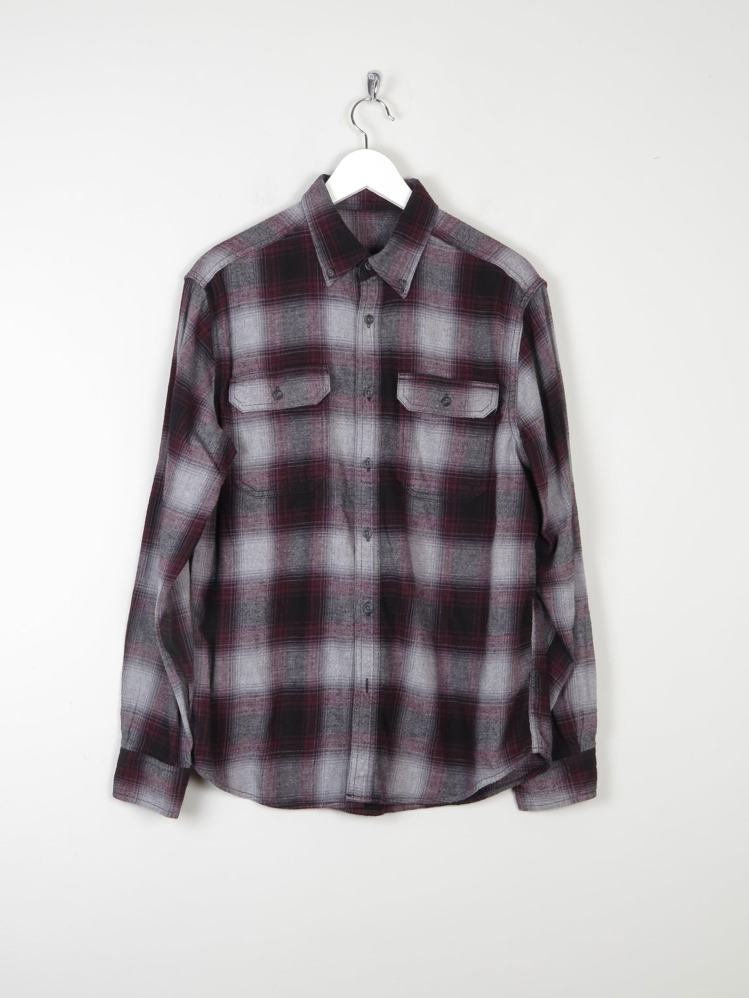 Men's Grey & Wine Classic Flannel Shirt M - The Harlequin