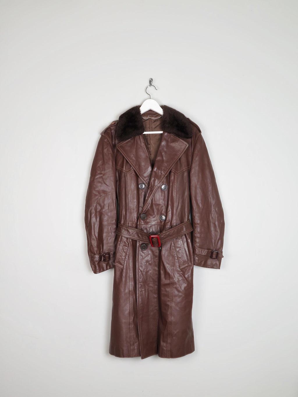 Men’s Wine 1970s Vintage Leather Coat With Faux Fur Collar 40/42 M - The Harlequin