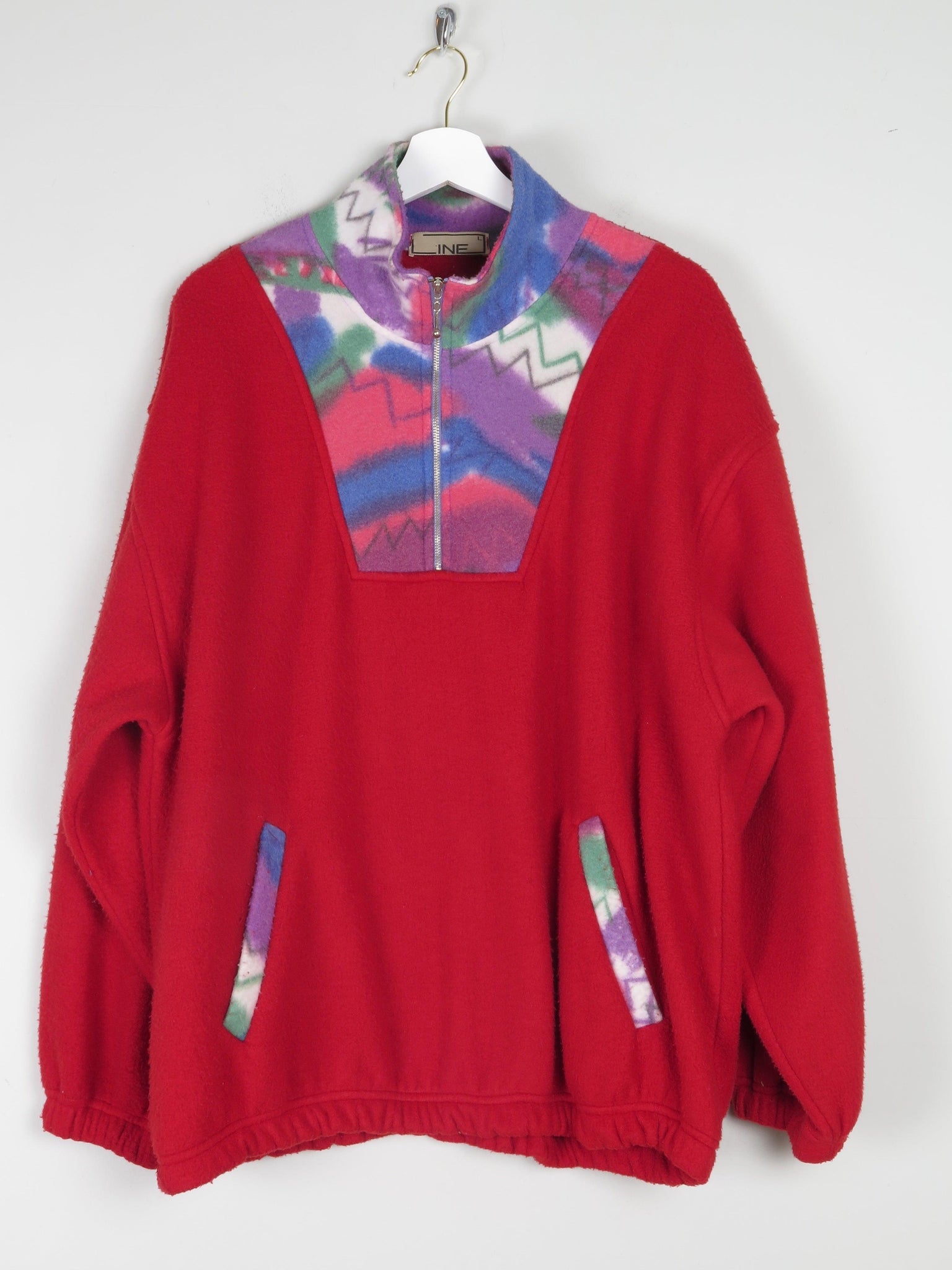 Mens Red Combined Print Vintage Pull On Fleece Jacket L - The Harlequin