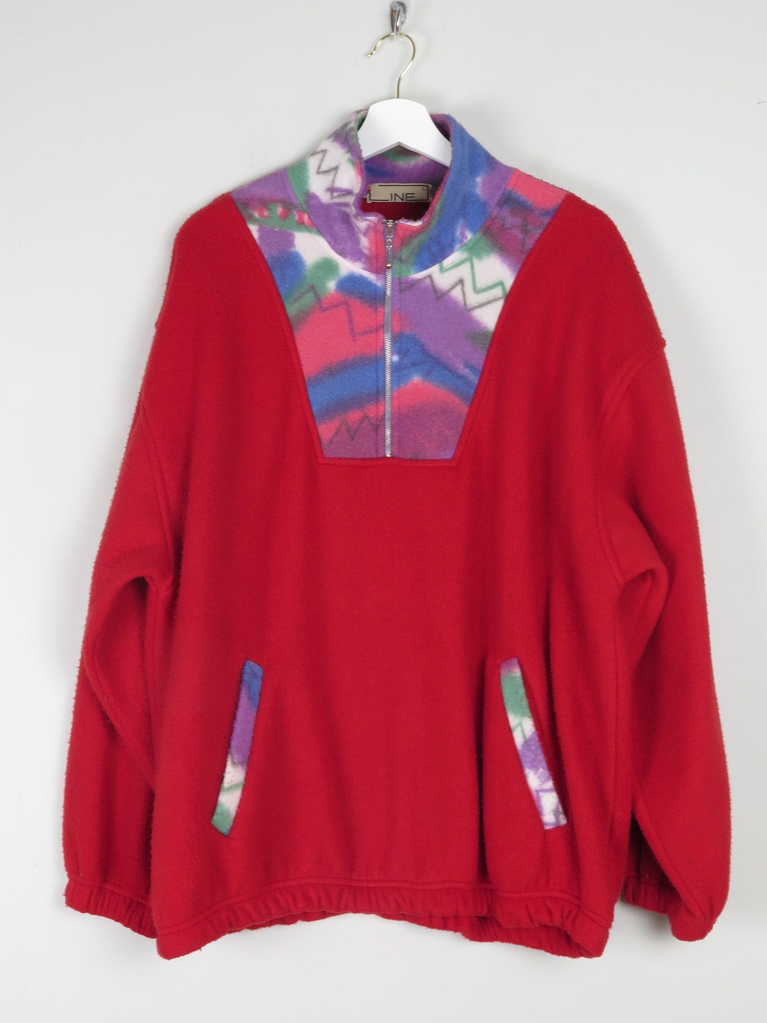 Mens Red Combined Print Vintage Pull On Fleece Jacket L - The Harlequin