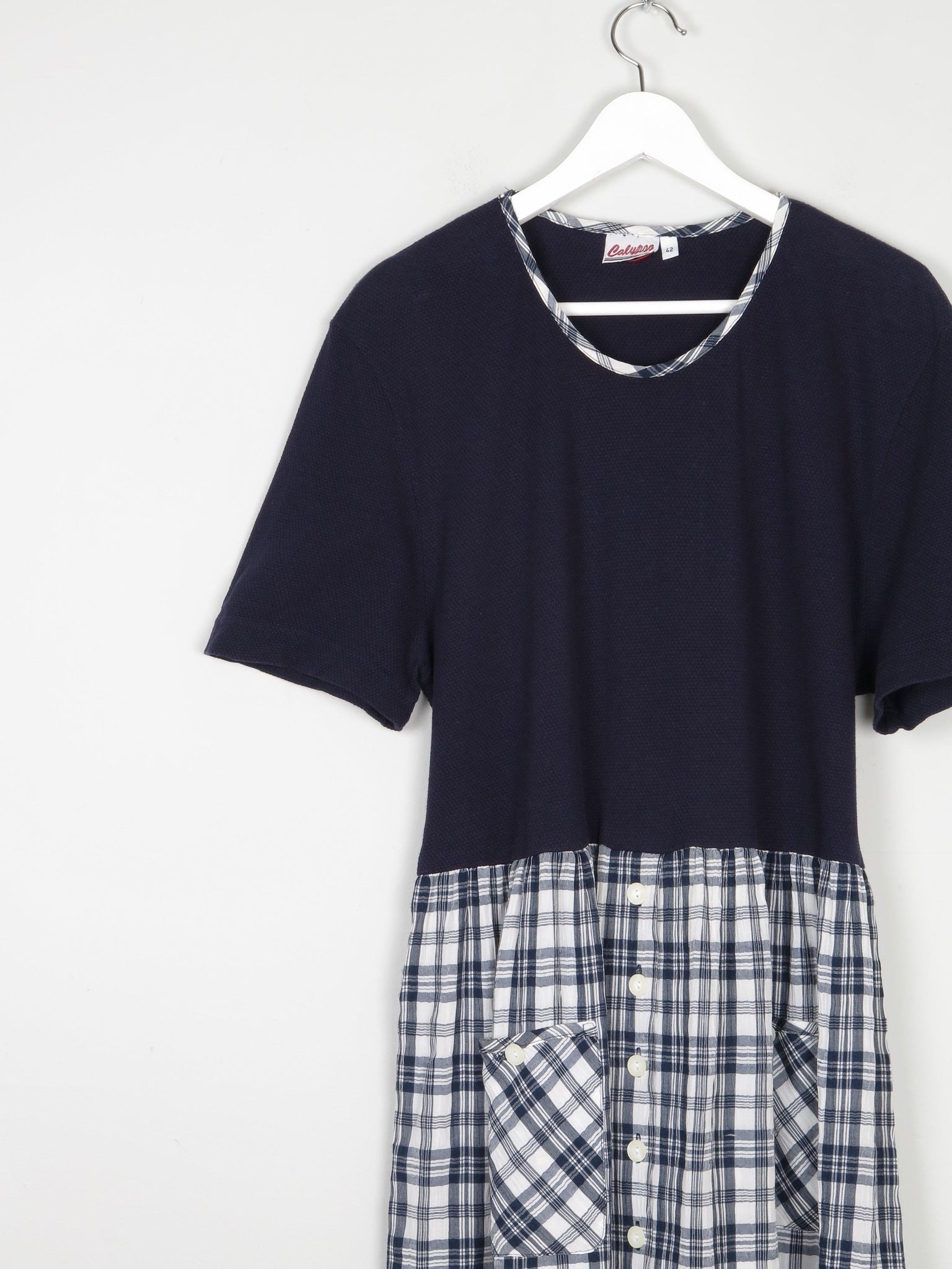 Navy & Check Combined  Midi 1990s Dress With Pockets M/L - The Harlequin