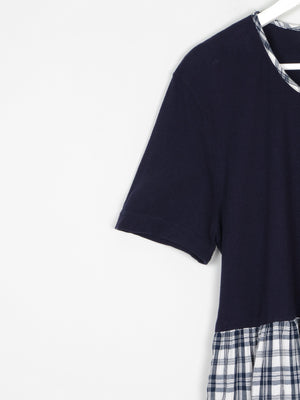 Navy & Check Combined  Midi 1990s Dress With Pockets M/L - The Harlequin