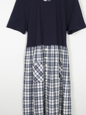 Navy & Check Combined  Midi 1990s Dress With Pockets M/L - The Harlequin