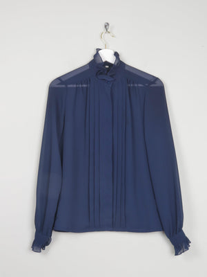 Navy High Neck Sheer Blouse With Pleats S - The Harlequin