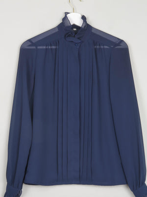 Navy High Neck Sheer Blouse With Pleats S - The Harlequin