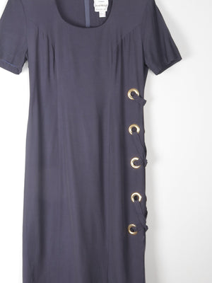 Navy Vintage Midi Joesph Ribkoff Designer Dress With Gold Metal Details 10/12 - The Harlequin