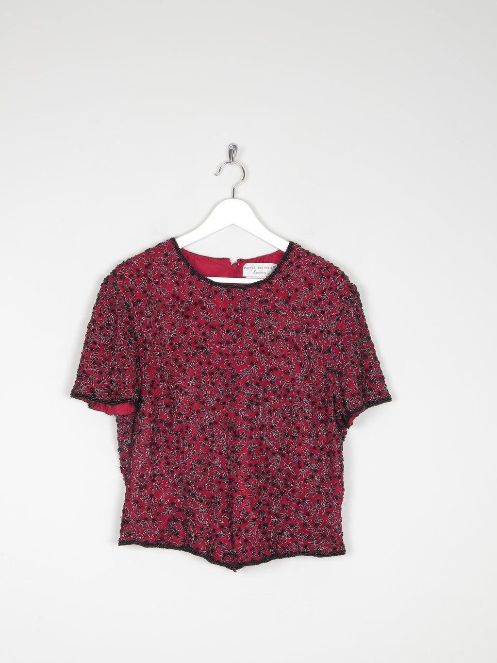 Red & Black Beaded Short Sleeved Top L - The Harlequin