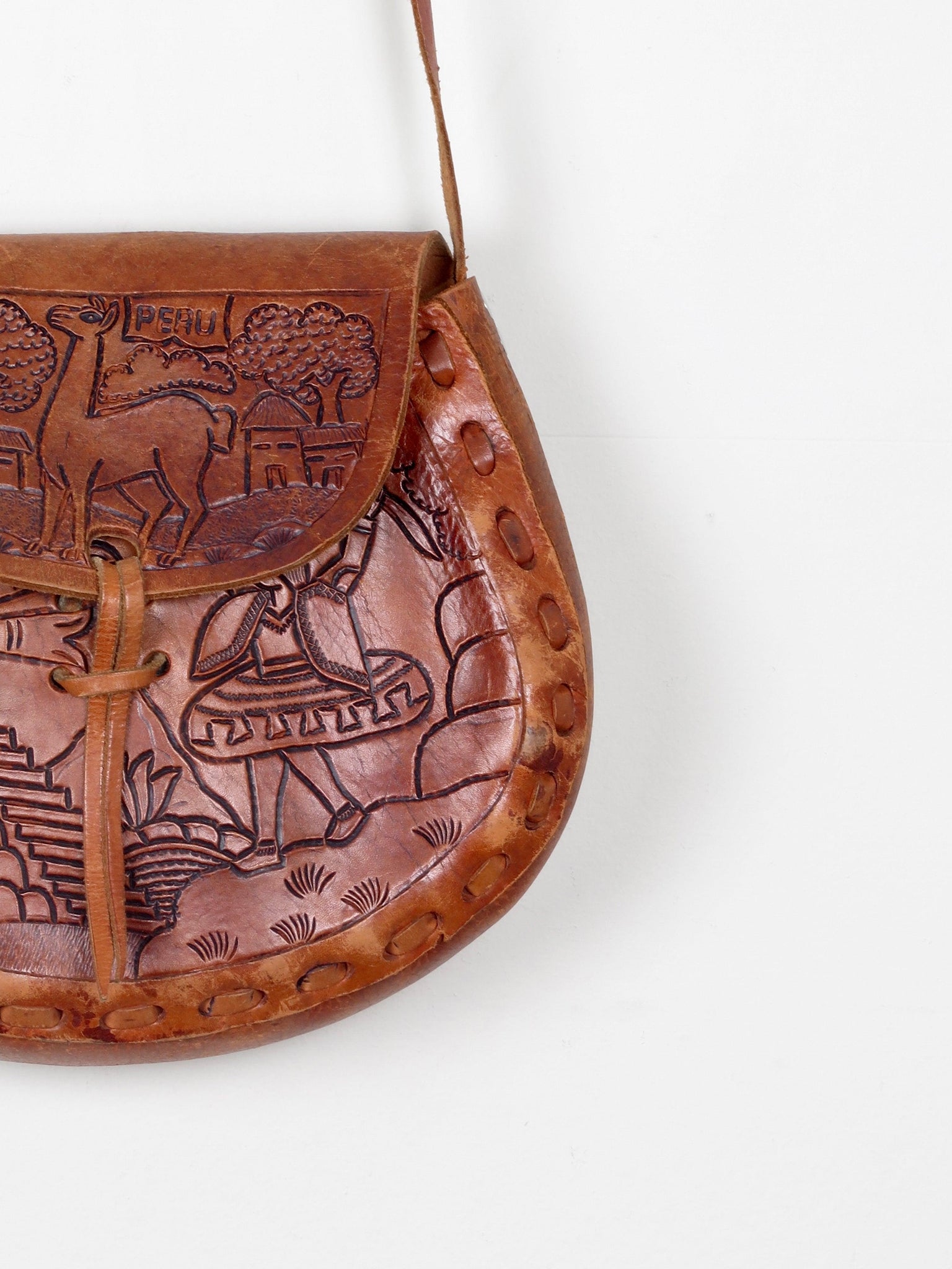 Tan Leather Vintage Peruvian Tooled Bag - The Harlequin