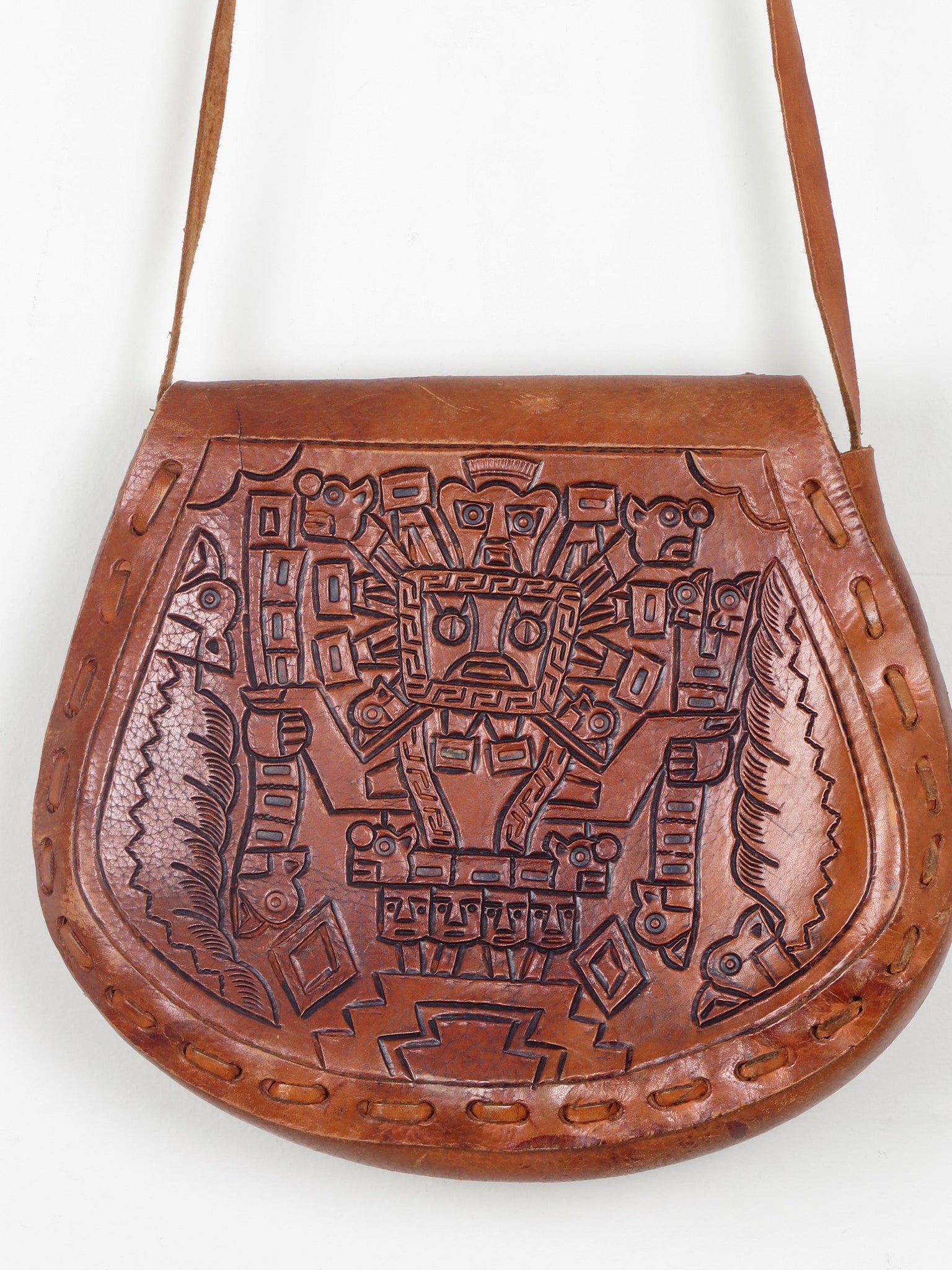 Tan Leather Vintage Peruvian Tooled Bag - The Harlequin
