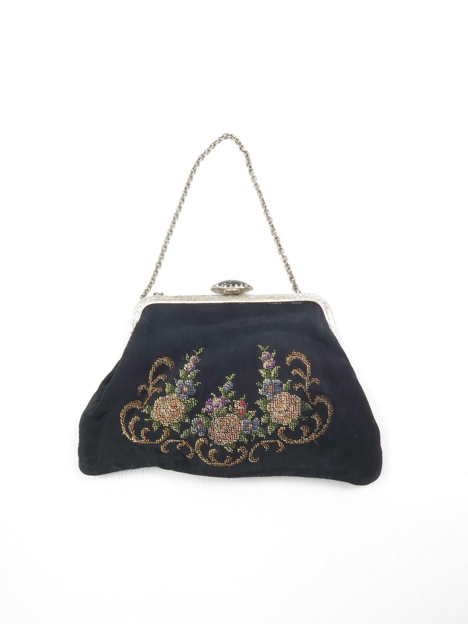 1940s Vintage Bag Petit Point Hand Embroidered Black - The Harlequin
