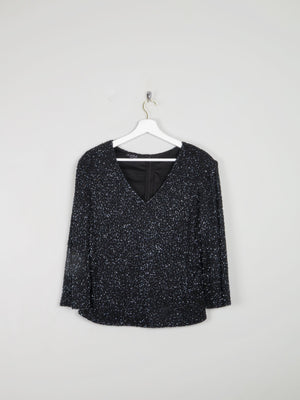 Black Beaded V-Neck Top With Midnight Blue Beading M - The Harlequin
