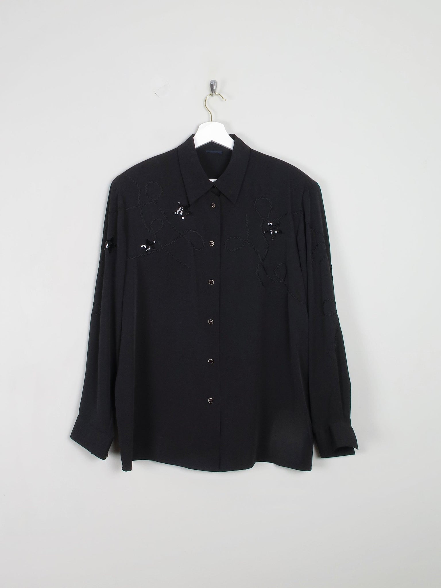 Vintage Black Sequin & Embroidered Vintage Blouse With Collar L/XL - The Harlequin