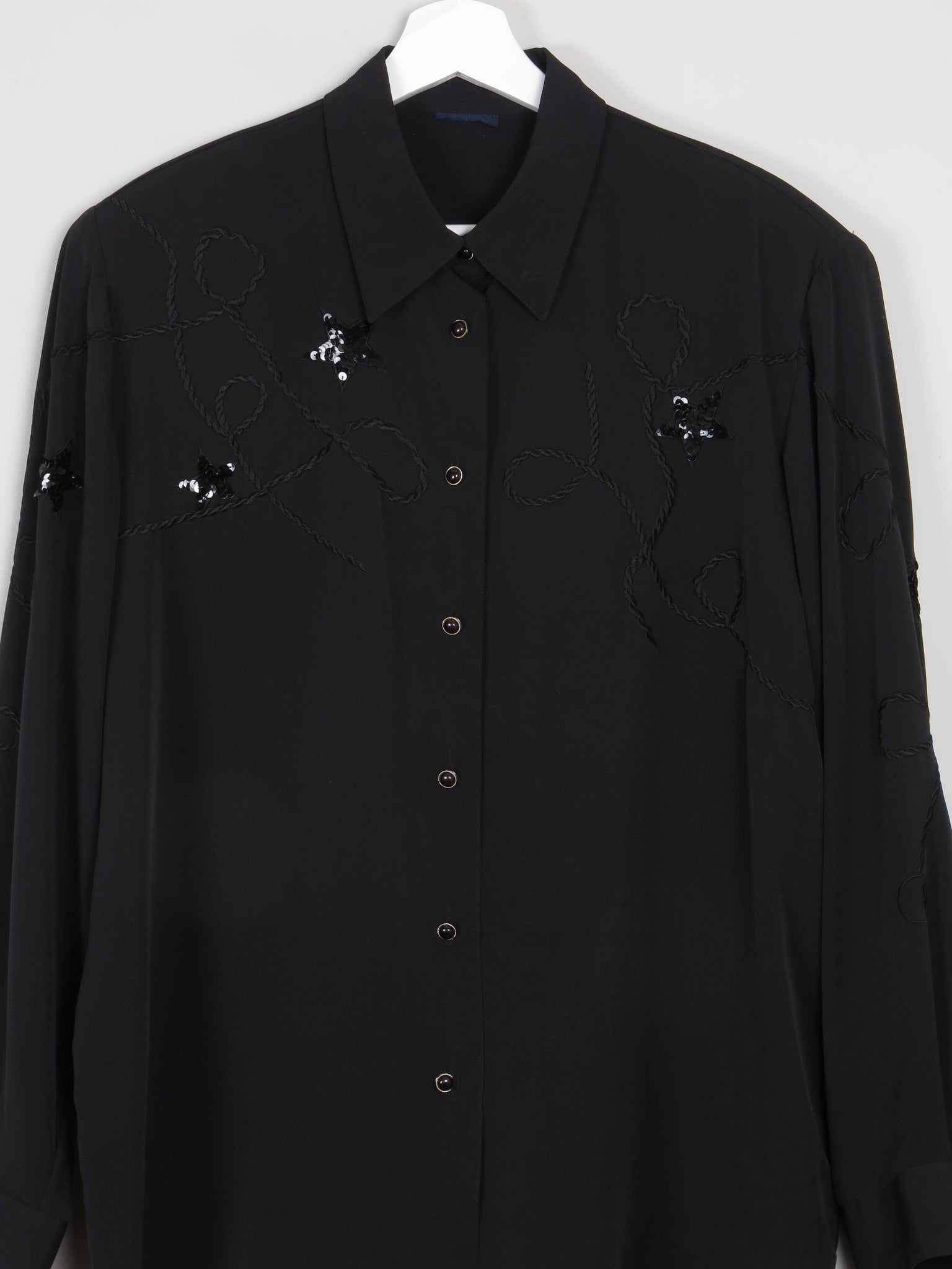 Vintage Black Sequin & Embroidered Vintage Blouse With Collar L/XL - The Harlequin