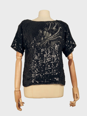 Black Sequin Top With Floral Motif S/M - The Harlequin
