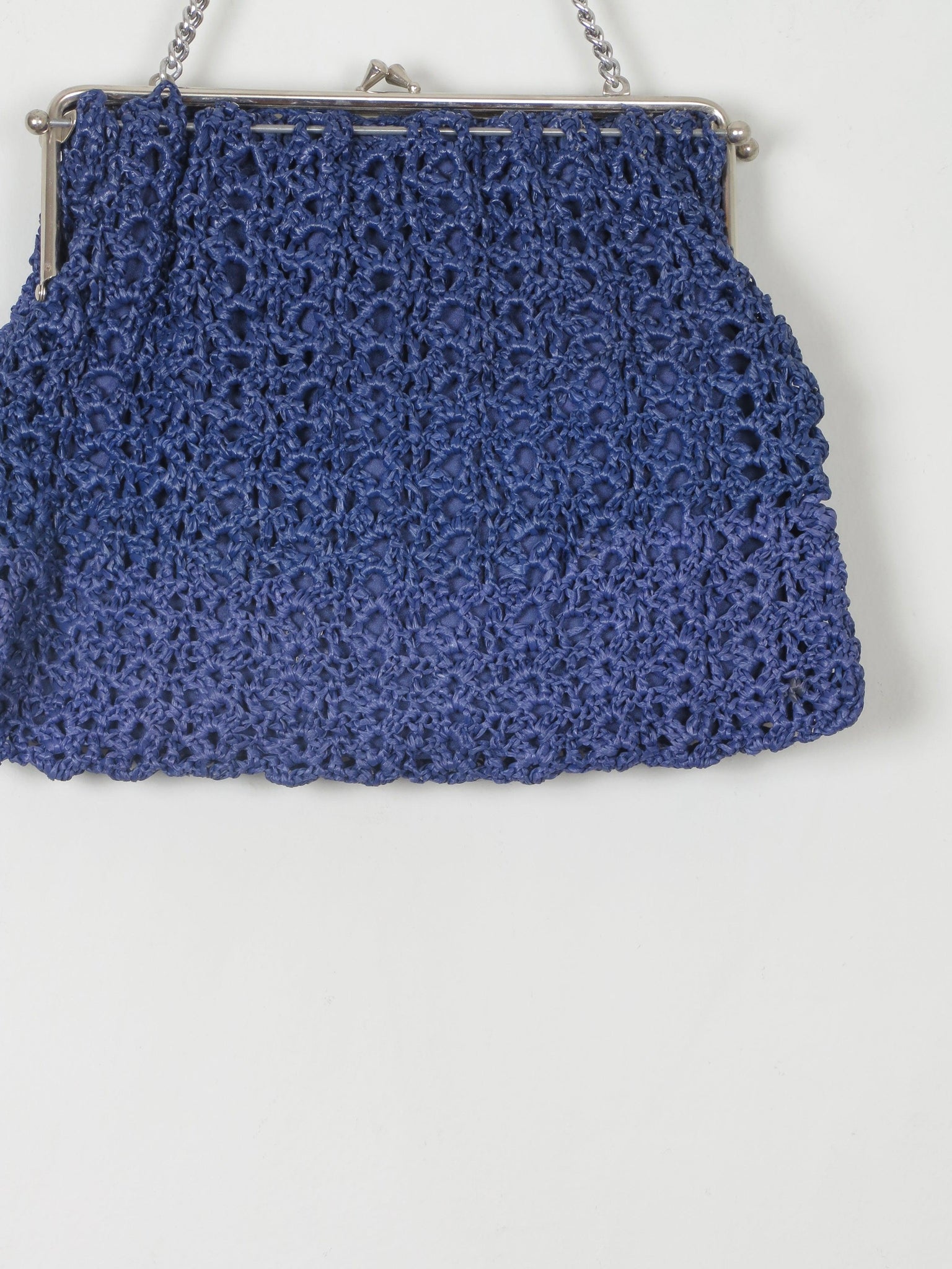 Medium Size Blue/Navy Vintage Crochet Hand Bag With Metal Frame - The Harlequin