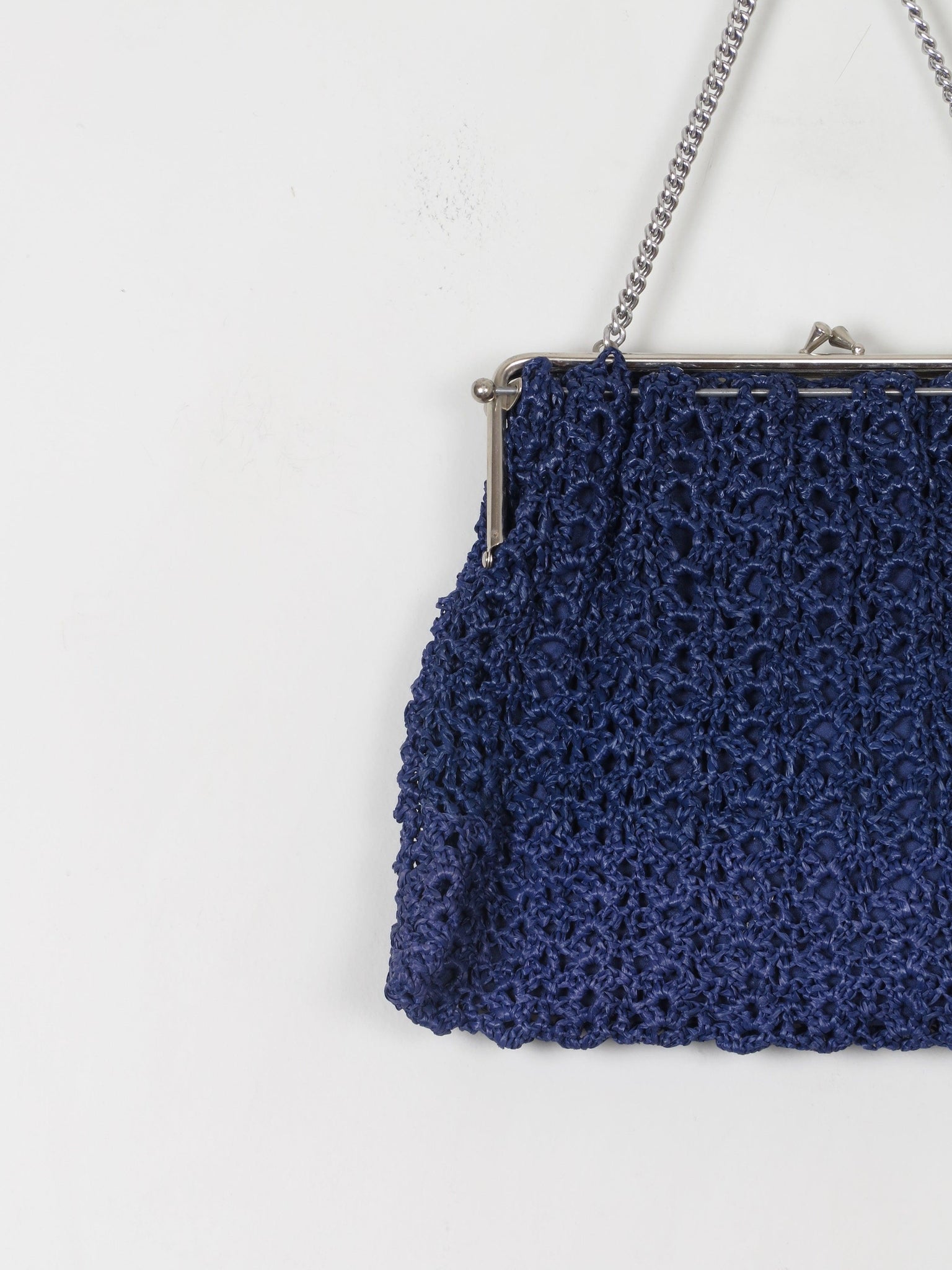 Medium Size Blue/Navy Vintage Crochet Hand Bag With Metal Frame - The Harlequin