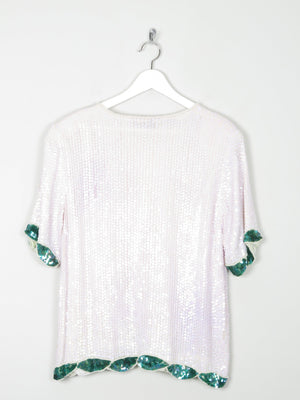 White Sequin Vintage Top With Floral Prints M/L - The Harlequin