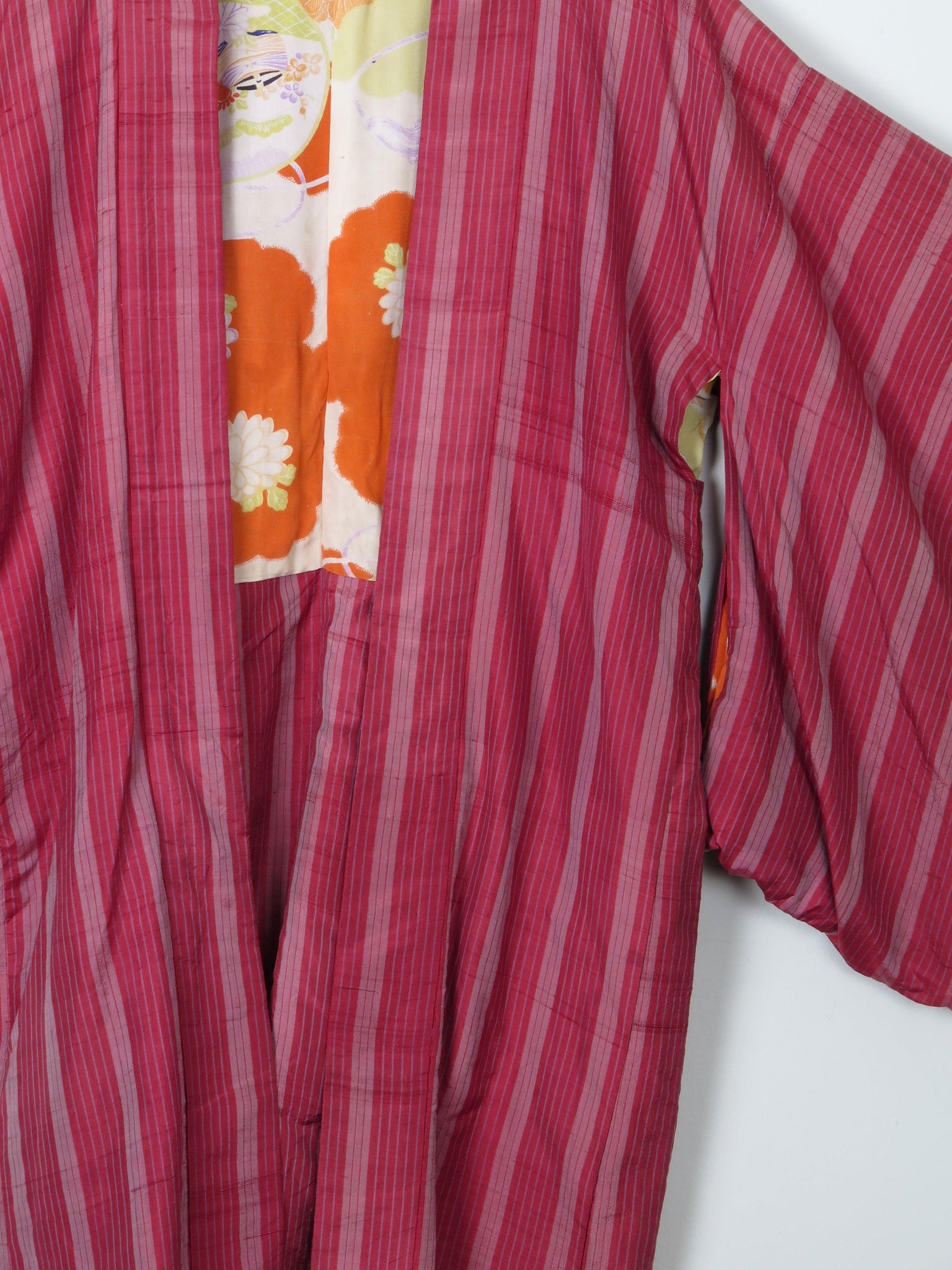 Wine Silk Striped Mid Length Vintage  Kimono Haori  M - The Harlequin