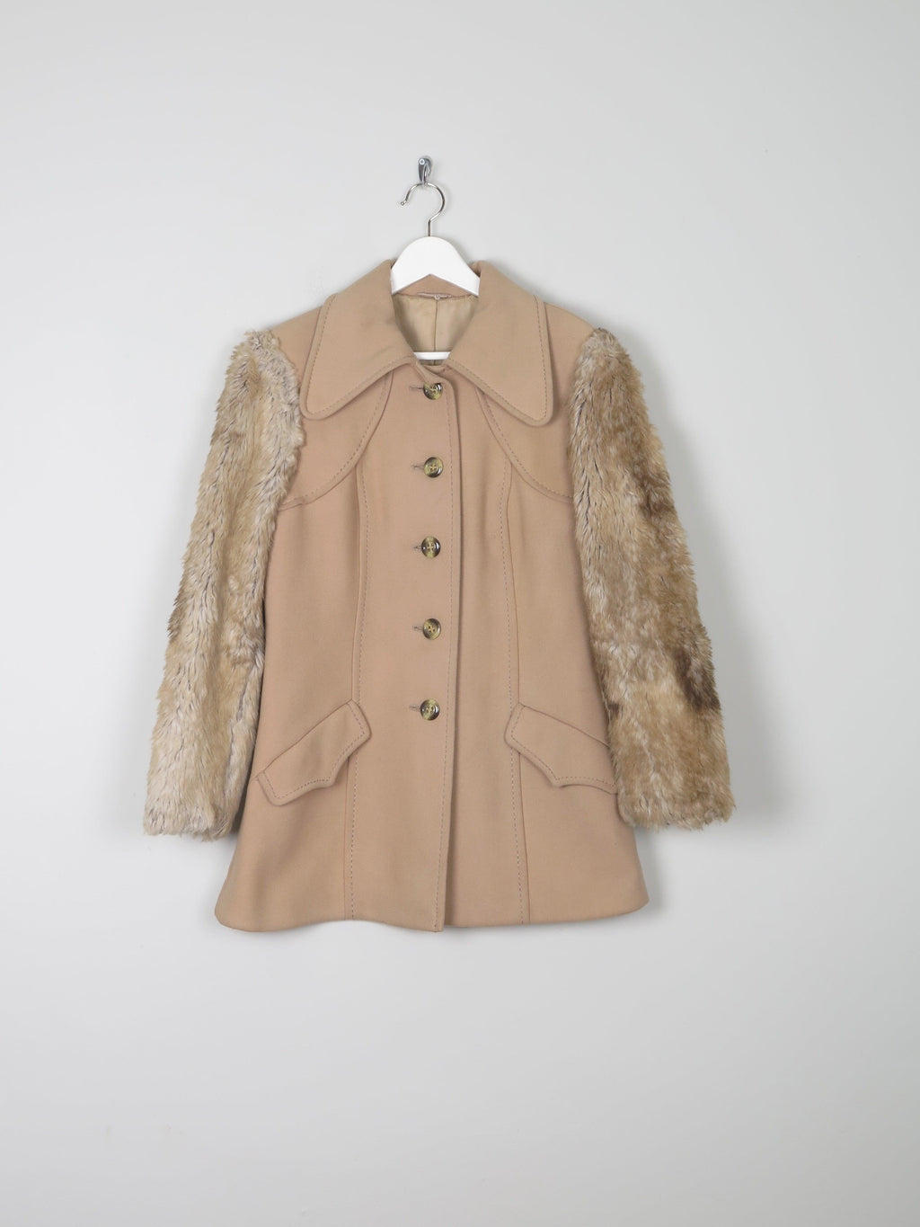 Women's Beige 1970s Short Coat With Faux Fur Sleeves 10/12 - The Harlequin