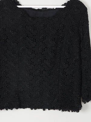 Women's Black Lace 3/4 Sleeved Boat Neck 1950s Evening Top L - The Harlequin