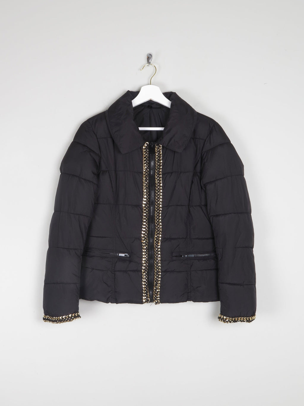 Women's Black Quilted Puffer Jacket With Gold Chain Trims XS/S - The Harlequin