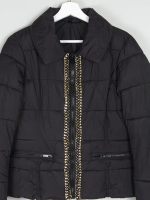 Women's Black Quilted Puffer Jacket With Gold Chain Trims XS/S - The Harlequin