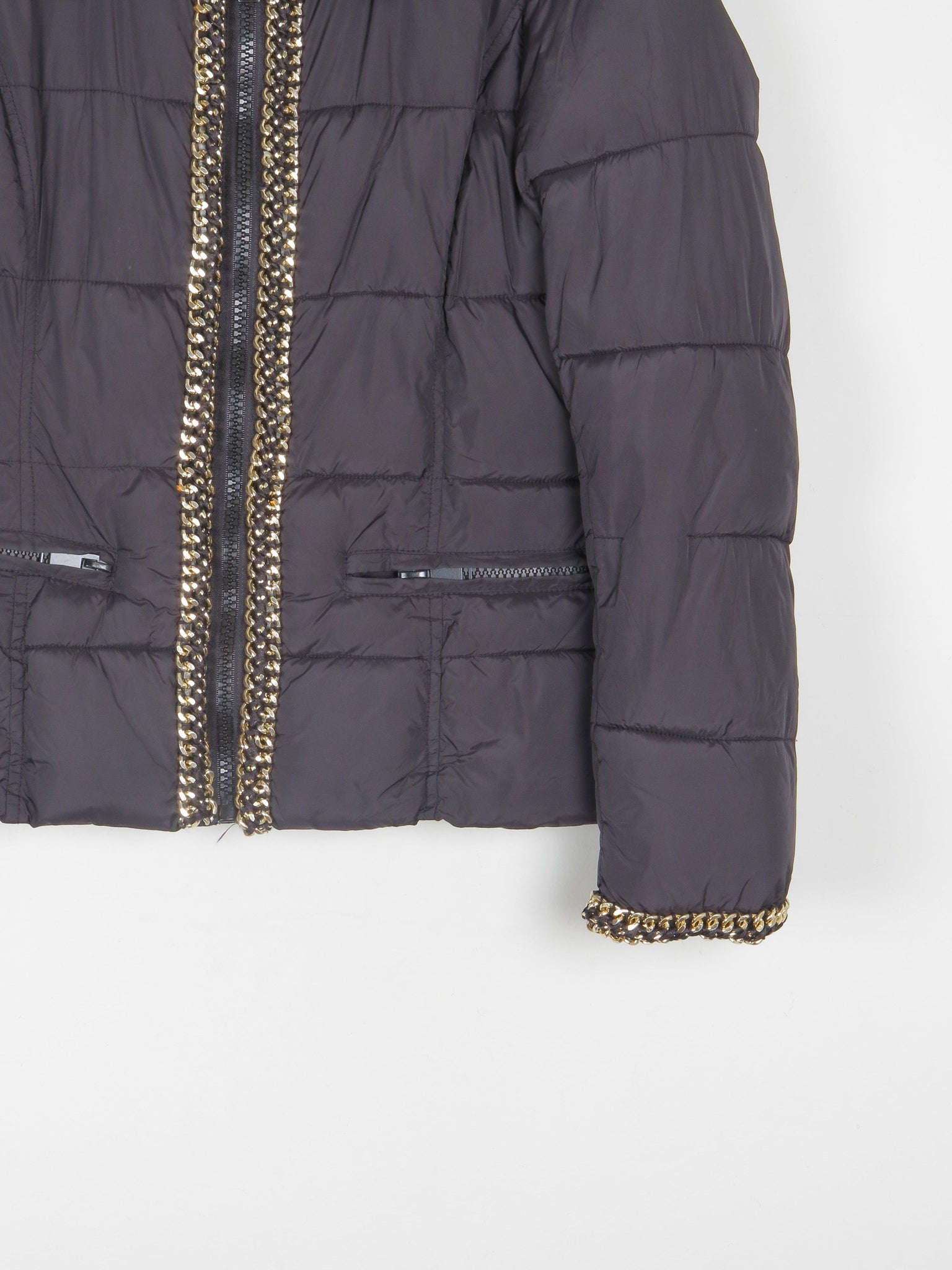 Women's Black Quilted Puffer Jacket With Gold Chain Trims XS/S - The Harlequin