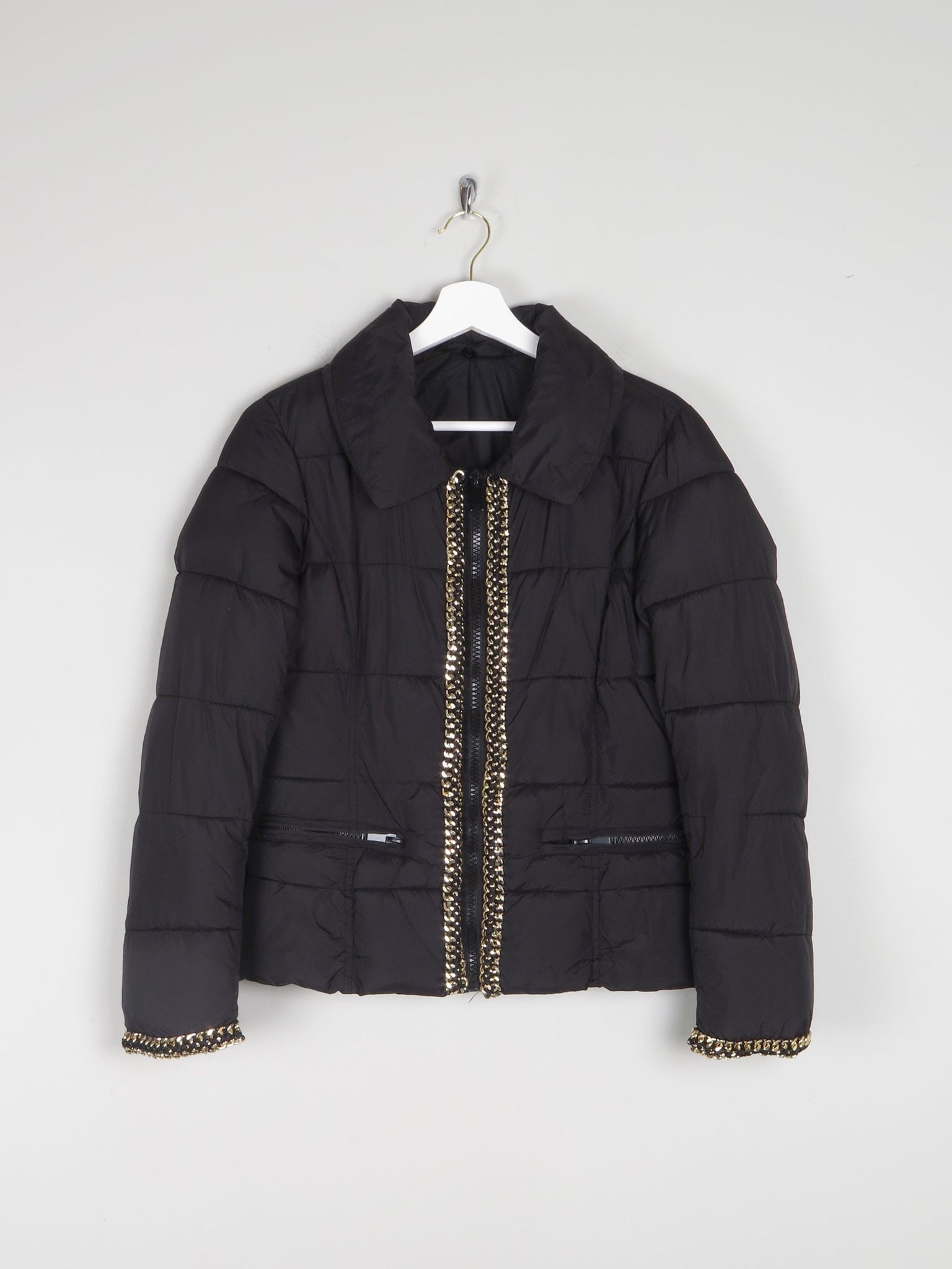 Women's Black Quilted Puffer Jacket With Gold Chain Trims XS/S - The Harlequin