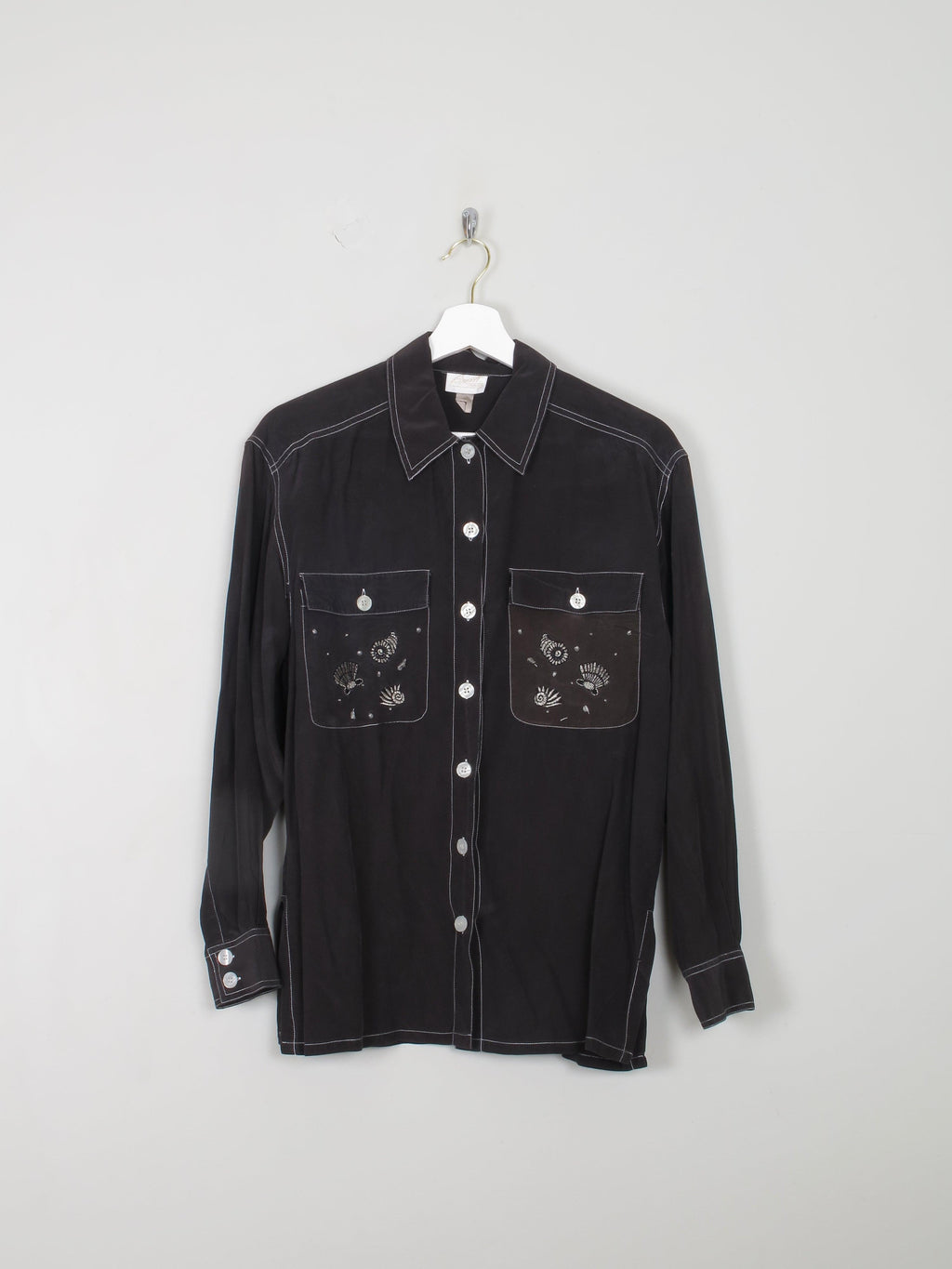 Women’s Black Silk Vintage Blouse With Motifs S - The Harlequin