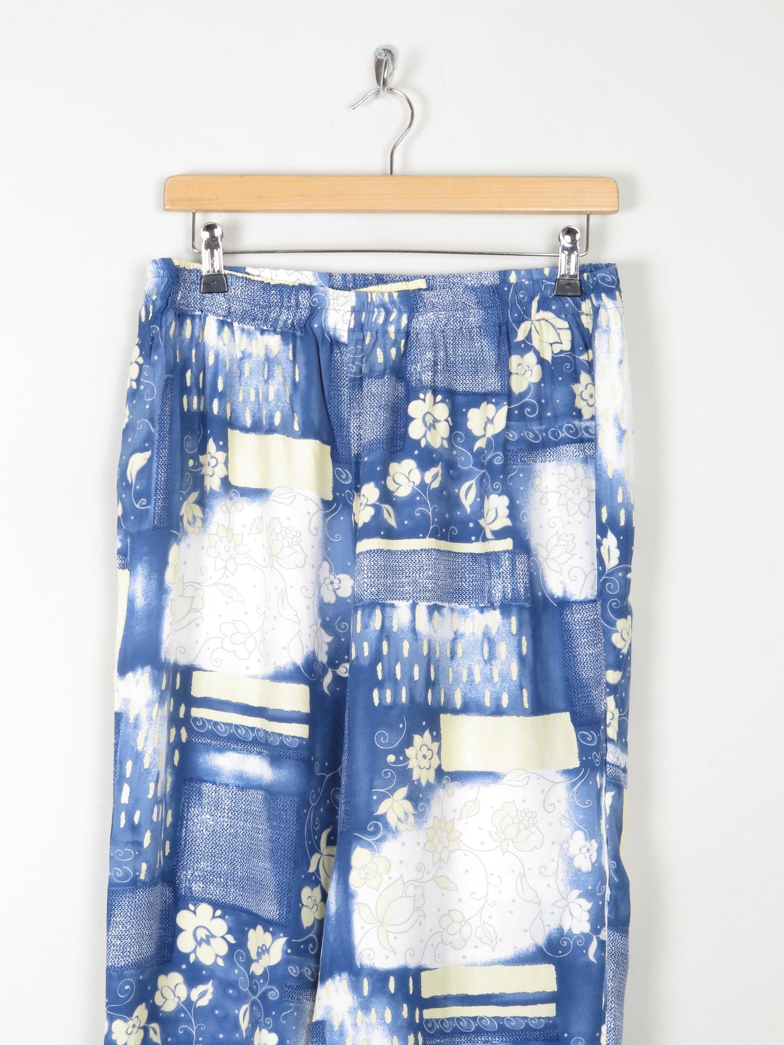 Women's Blue Printed Trousers With Elastic Waist M/L - The Harlequin