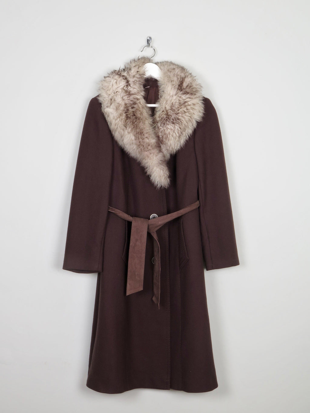 Women's Brown Vintage Coat With Beige Faux Fur Collar M - The Harlequin