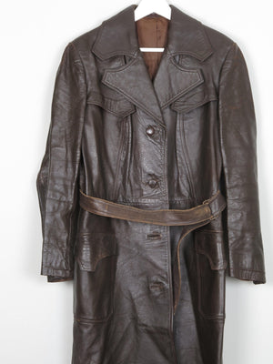 Women's Brown Long Leather Vintage Coat M - The Harlequin