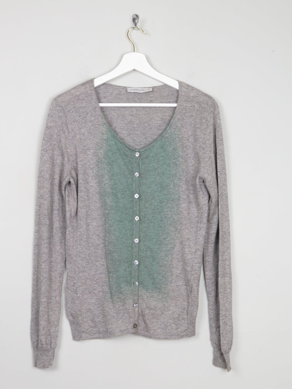 Women's Grey & Green Fine Knit Turnover Cardigan M - The Harlequin