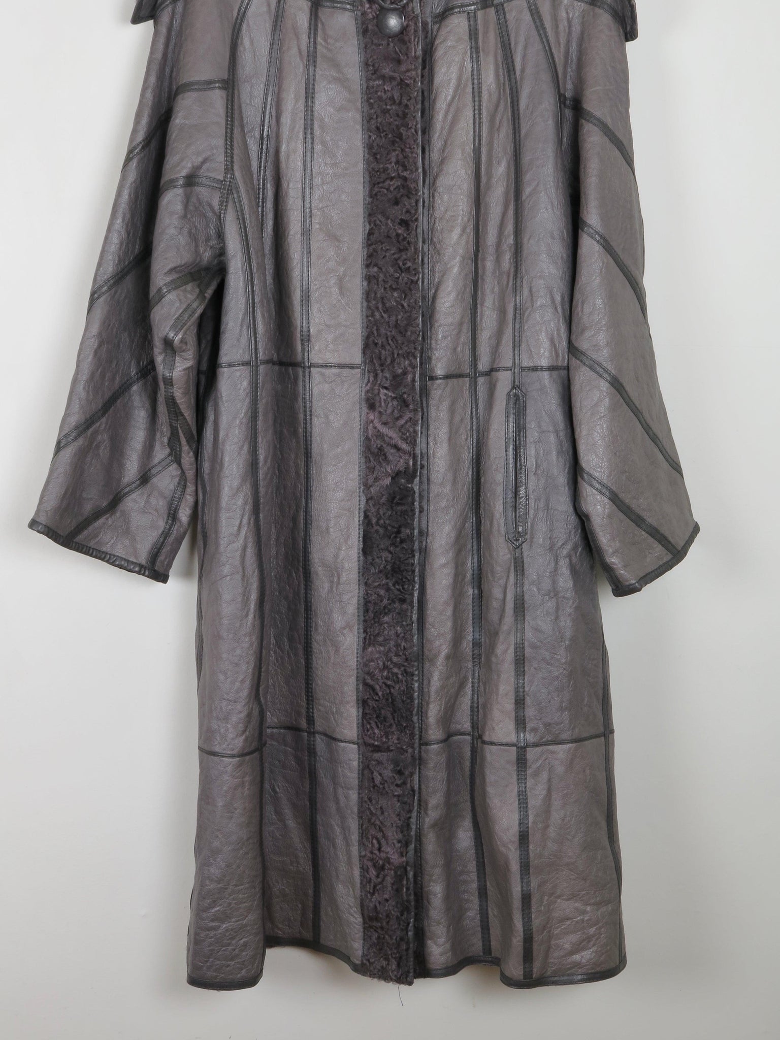 Women's Grey Leather Swing  Coat With Astrachan Trims S/M - The Harlequin
