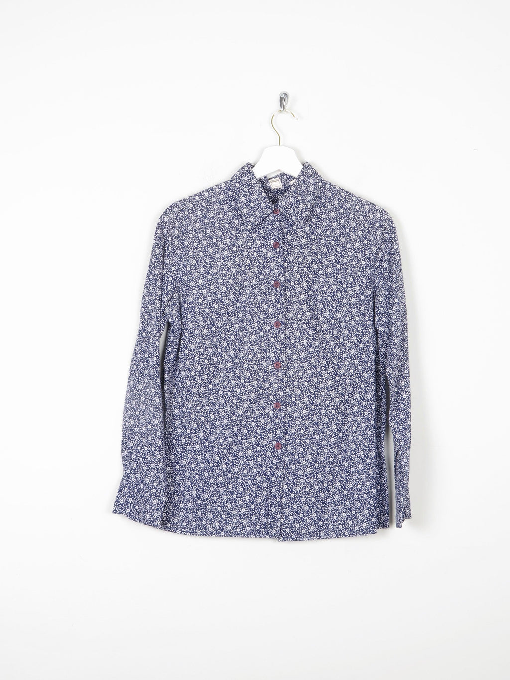 Women's Navy & White Floral Print Prairie Style Blouse With Collar 10 Approx - The Harlequin