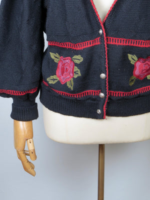 Women's Navy Austrian Cardigan With Floral Motifs L/XL - The Harlequin