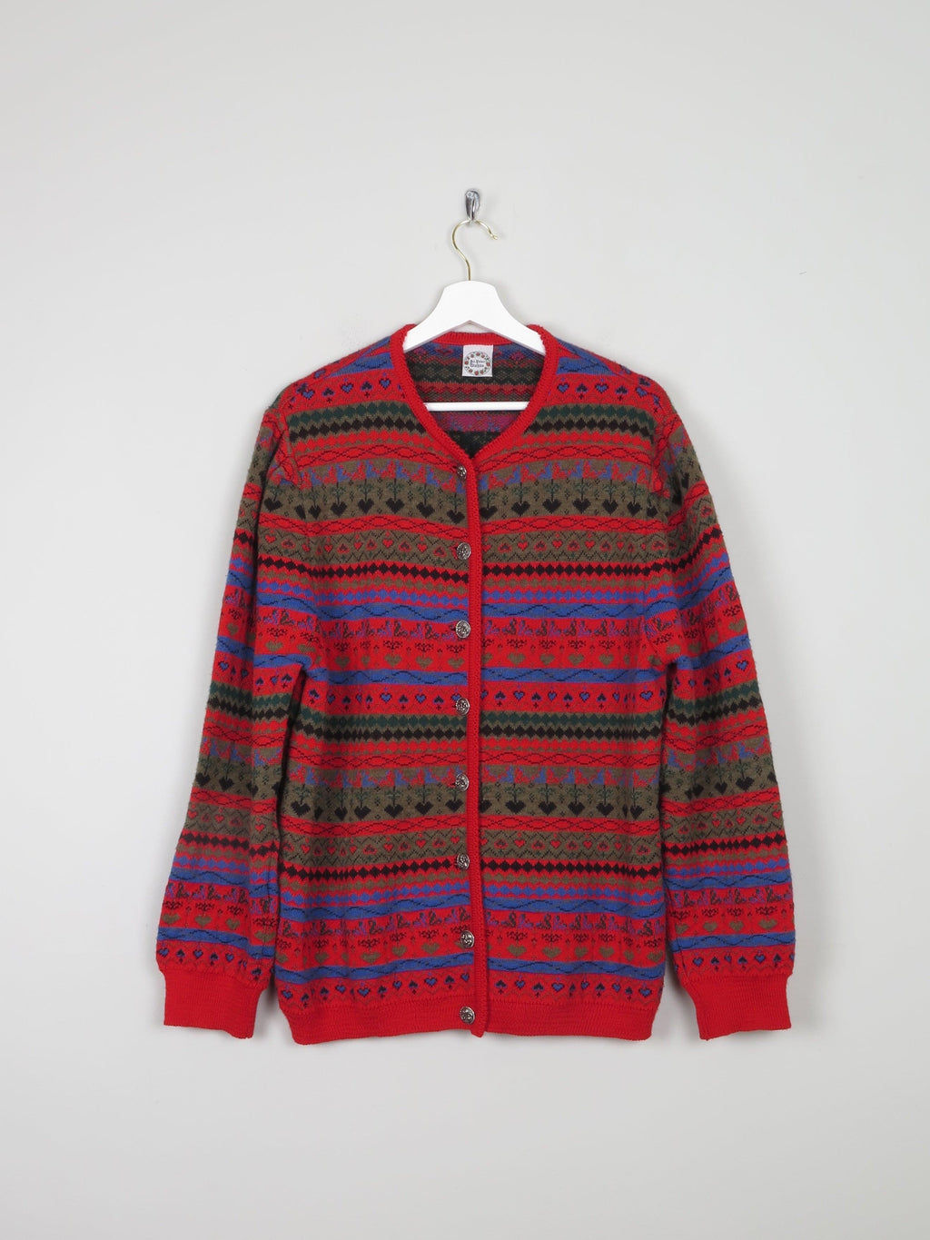 Women's Red Patterned Vintage Cardigan L /XL - The Harlequin